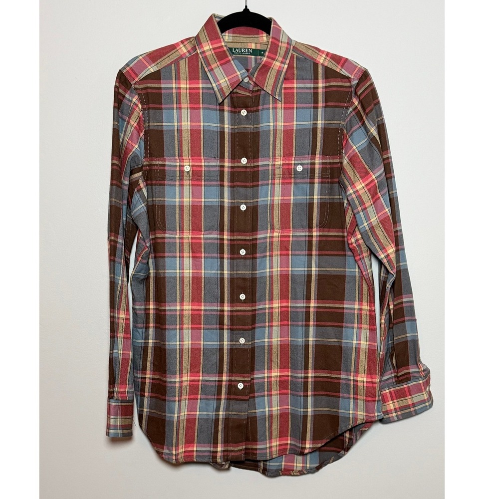 Lauren Ralph Lauren Mens Plaid Button Down Shirt Brown Red Blue Cotton Size M